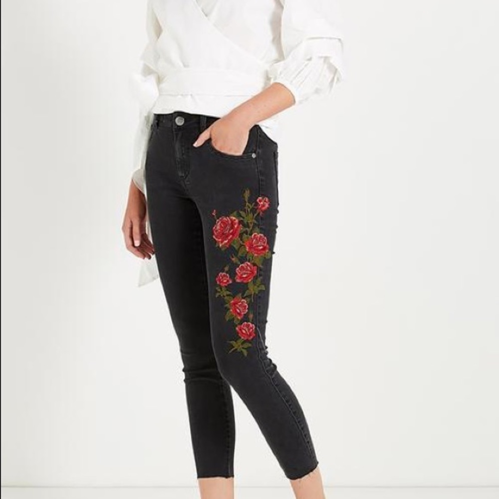 Never worn black rose embroidered skinny jeans
